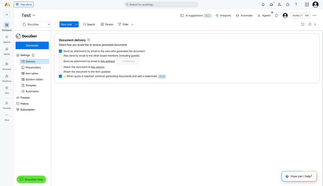 DocuGen document delivery settings inside monday.com