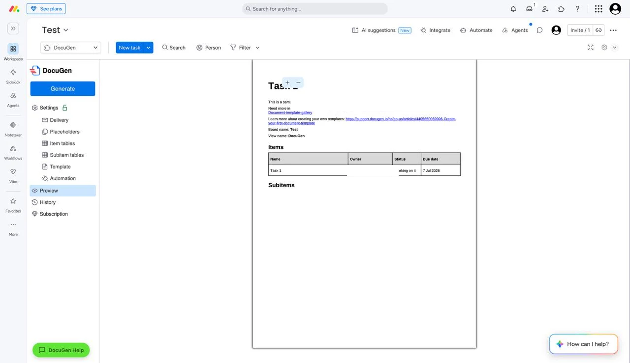 DocuGen generated document preview inside monday.com