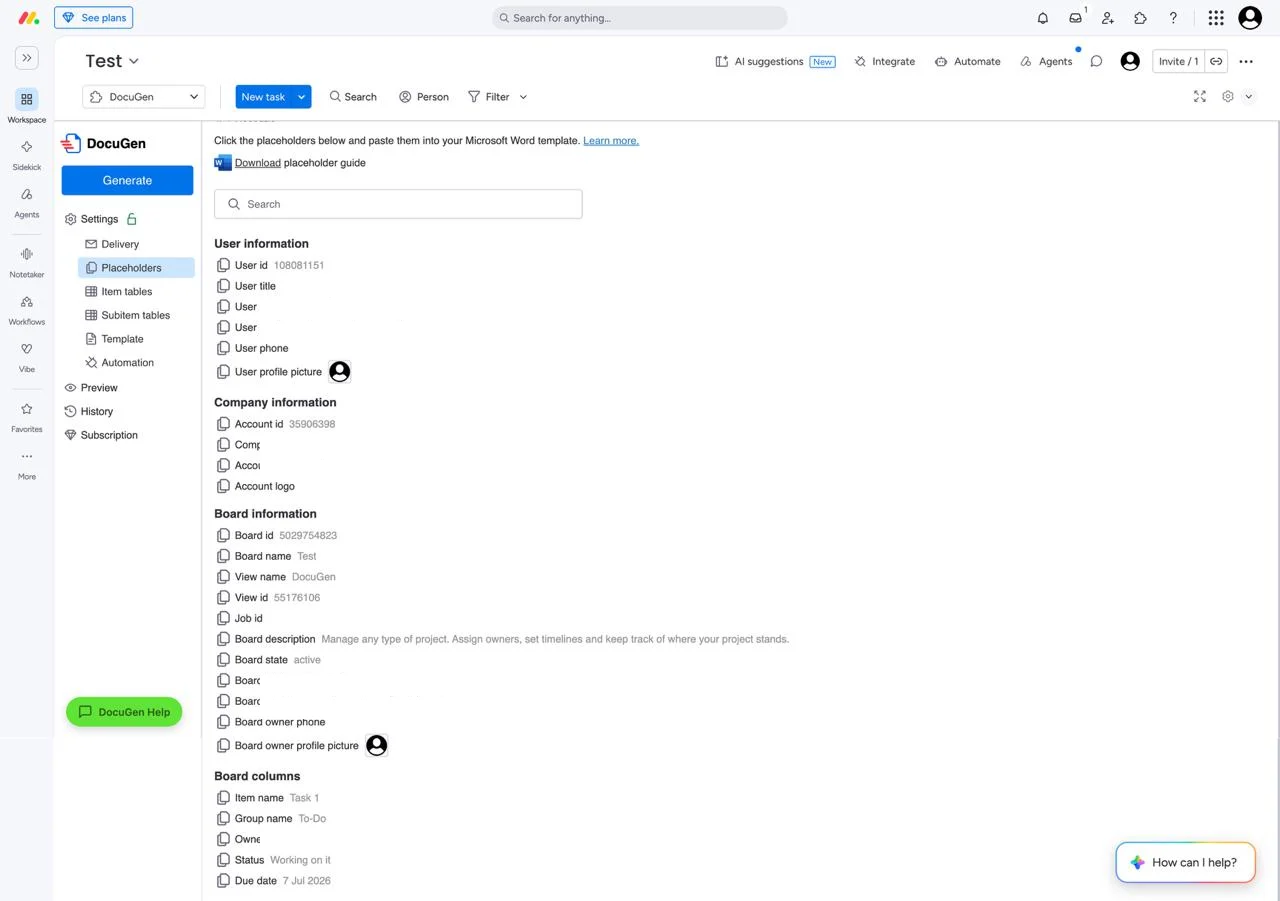 DocuGen placeholder mapping workflow inside monday.com