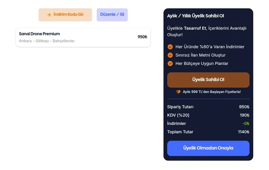 SanalDrone checkout and approval flow